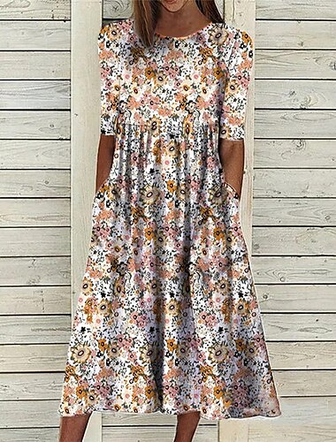  Damen Casual kleid Blumenkleid Midikleid Gelb Blau Orange Halbe Ärmel Blumen Bedruckt Frühling Sommer Rundhalsausschnitt Basic Täglich Urlaub Sommerkleid 2023 S M L XL 2XL 3XL