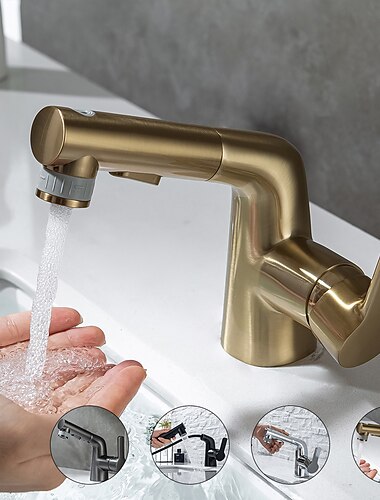  Robinet mitigeur d'évier de salle de bain extractible, robinet de lavabo pivotant à 360 ° en laiton, 2 modes de débit d'eau avec bec rotatif, robinet d'eau de salle de bain à poignée unique avec tuyau d'eau chaude froide