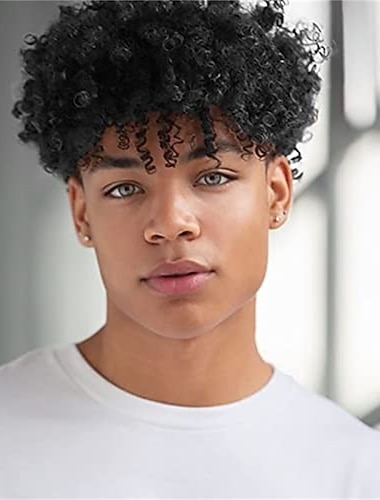  Peluca afro rizada corta para hombres, peluca sintética rizada corta negra, disfraz de cosplay de halloween, pelucas completas