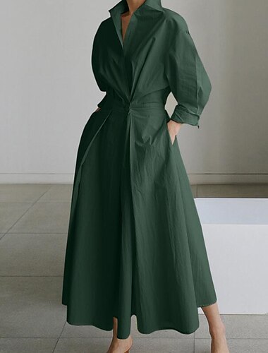  Damen Hemdblusenkleid Freizeitkleid Swingkleid Maxi Langes Kleid Outdoor Büro Urlaub Basic Modern Hemdkragen Geraffte Tasche Langarm Sommer Frühling Herbst 2023 Regular Fit Schwarz Armeegrün