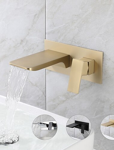  robinet de lavabo de salle de bain - montage mural / cascade galvanisé / or brossé / finitions peintes en noir monter à l'intérieur des robinets de bain montés au mur