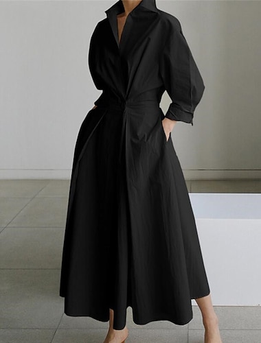  robe chemise femme robe décontractée robe trapèze robe longue maxi extérieur bureau vacances basique moderne col chemise froncé poche manches longues été printemps automne 2023 coupe régulière noir