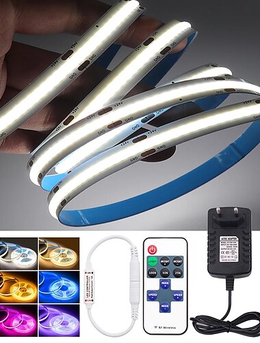  Tira de luces led cob de 2 ~ 5m, 640/960/1600 leds, 10mm, blanco cálido, rojo, azul, amarillo, 12v, para debajo del armario, espejo de tocador, dormitorio, cocina