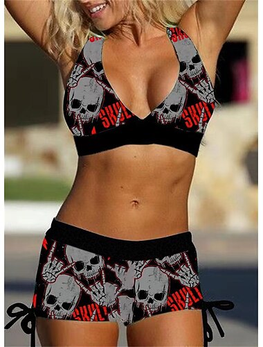  Damen Badeanzüge Bikini 2 Teile Plus Size Badeanzug offener Rücken Druck Leopard Schädel weiß blau lila rot V-Draht Badesuits Neue Urlaub Urlaub  Modern  Buchstabe  Blume  Gepolsterte BHs