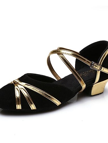  Schwarze und goldene Latein-Tanzschuhe für Damen – Riemchendesign mit niedrigem Absatz und Wildledersohle für Performance