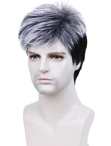  Vampirperücke schwarz Herrenperücke mit Seitenscheitel, lockig, hitzebeständig, synthetische Modeperücke für Männer aus Naturhaar mit kostenloser Perückenkappe, Cosplay, Halloweenperücke für den