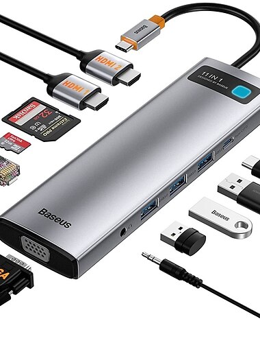  BASEUS USB 3.0 USB C Hub 11 Porti Alta velocità Indicatore LED Con lettore di schede (s) Hub USB con HDMI Micro VGA "Jack audio da 3,5 mm" Erogazione di potenza Per