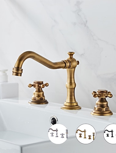  wijdverspreide badkamer wastafel kraan, twee handvat drie gaten, messing bol badkamer wastafel kraan bevatten met toevoerleidingen en aftapplug en warm/koud schakelaar