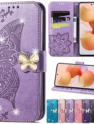  телефон Кейс для Назначение SSamsung Galaxy S24 S23 S22 S21 Плюс Ультра A54 A34 A14 A32 A52 Кошелек для карт Стразы Слоты для держателей карт Магнитный флип Бабочка Кожа PU