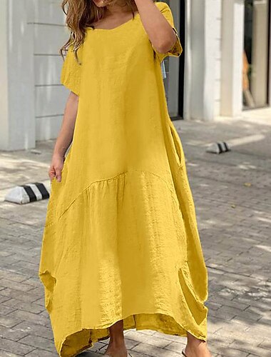  Damen Schwarz Weiß Gelb Sommer Frühling Maxikleid Weißes Kleid Baumwoll-Leinen-Kleider Baumwoll-Sommerkleid Lässig Urlaub Täglich Ausgehen Lässiger Schnitt Einfarbig Rundhalsausschnitt