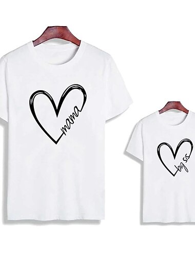  Familiestil T skjorte Familiesett Bomull Hjerte Bokstaver Gate Trykt mønster Svart Hvit Mørkegrå Kortermet Mamma og meg antrekk Aktiv Matchende antrekk