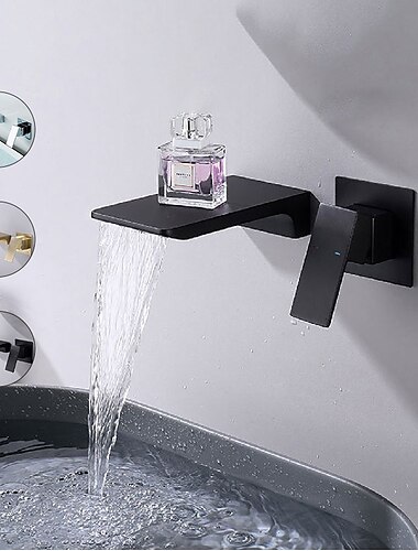  Robinet mitigeur de lavabo de salle de bain mural cascade noir mat, mitigeur de lavabo en laiton massif mitigeur mitigeur un levier robinets de lavabo noir or chrome