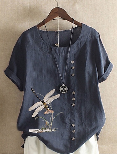  Damen Shirt 100% Baumwolle Shirt Bluse Knöpfe Print Wochenende Streetwear Basic Lässig Leinenähnlich Kurzarm Rundhalsausschnitt Weiß Sommer Frühling