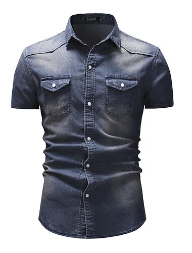  Herren Hemd Chambray-Hemd Sommerhemd Jeanshemd Knopfhemd Cargohemd Hellblau Marineblau Hell Gray Dunkelgrau Kurzarm Einfach Umlegekragen Urlaub Straße Jeansstoff Bekleidung Denim Retro Lässig