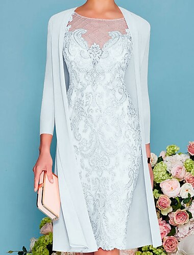  zweiteiliges Etuikleid in Champagner für die Strandhochzeit, Mutter der Braut, elegantes Hochzeitsgastkleid mit Rundhalsausschnitt, knielang, Chiffonspitze, 3/4-Ärmel, Wickelkleid inklusive Jacke,