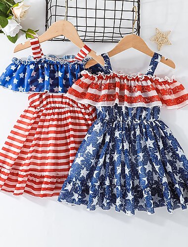  kinderkleidung Mädchen Amerikanischer Unabhängigkeitstag Kleid Fahne A Linie Kleid Übers Knie Kleid Täglich Patchwork Baumwolle Kurzarm Kuschelig Kleid 1-5 Jahre Frühling Blau Wein Rote
