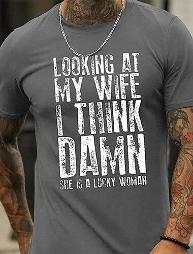  Herren Grafik Buchstabe Sie ist eine glückliche Frau T Shirt Lässiger Stil Baumwolle Kurzarm Grafik Hemd Schwarz Wein Königsblau Bequemes T-Shirt Straße Lässig Modedesigner-Kleidung
