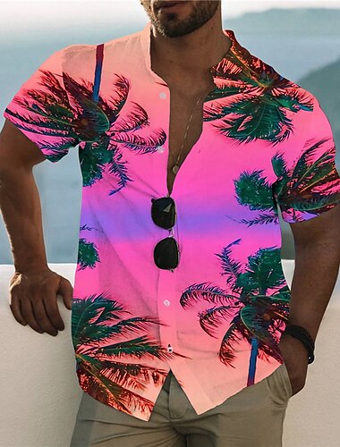  男性用 シャツ アロハシャツ グラフィックシャツ 自然风光 スタンド ライトピンク イエロー ブラック/パープル ピンク スカイブルー 3Dプリント アウトドア カジュアル 半袖 プリント ボタンダウン 衣類 ファッション ハワイアン デザイナー カジュアル