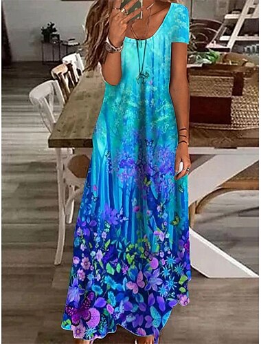  robe longue Femme Robe casual Manche Courte Printemps Eté - basique Vacances Casual Imprimer Floral du quotidien Vacances Robe d'été 2023 Blanche Bleu Vert Bleu clair S M L XL XXL 3XL