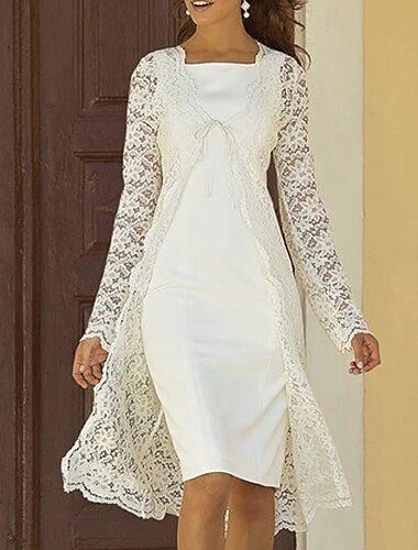  Vestido de Madre de la Novia Cuerpo Ajustado Dos Piezas Playa Invitada de Boda Iglesia Elegante Escote Cuadrado Longitud a la Rodilla Chiffon Encaje Sin Mangas Chal Vestidos con Color Sólido 2025
