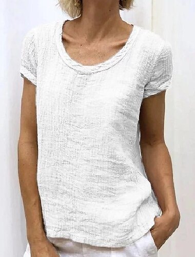  女性用 シャツ ブラウス リネン 平織り カジュアル ベーシック 半袖 ラウンドネック ホワイト