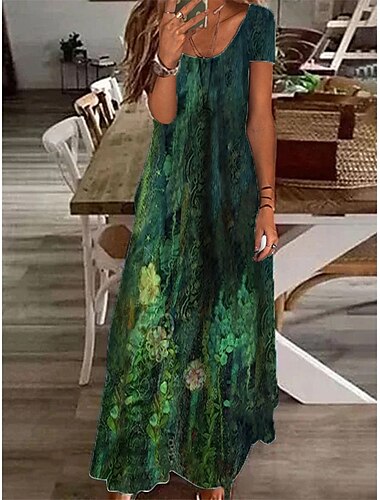  Vrouwen's Maxi Jurk Casual Jurk Shift Jurk Elegant Vakantie Casual Buiten Dagelijks Regelmatige Pasvorm Bloemen Korte Mouw V Hals Groen Grijs Zomer Lente