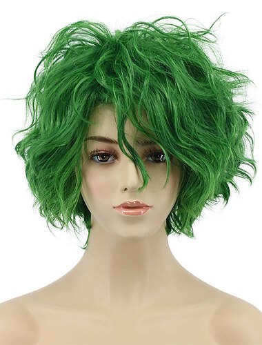  Frauen und Männer flauschige kurze Bob lockige grüne Perücke Cosplay Anime Perücke Halloween Perücken St. Patrick's Day Perücken