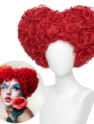  Парик для косплея «Красная королева с сердцем» для женщин и девочек, предварительно стилизованные пушистые короткие вьющиеся парики для косплея в стиле аниме