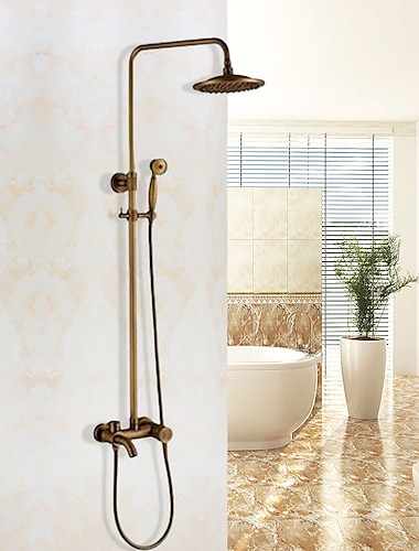  juego de grifos de ducha vintage cabezal de ducha de 8 ", sistema de ducha cabezal de lluvia retro sistema de ducha de cobre antiguo con rociador de mano de ducha, grifos mezcladores de ducha de baño con válvula de latón