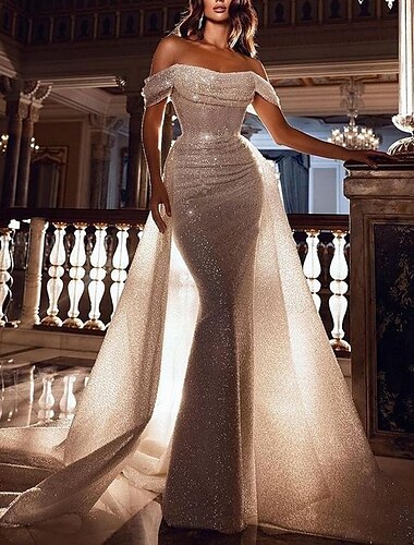 Meerjungfrau Pailletten Abendkleid Luxuriöses Kleid Hochzeitsfeier Sweep  Pinsel Zug Kurzarm Off-Schulter Abnehmbar mit Überrock Maskeradenkleid 2025