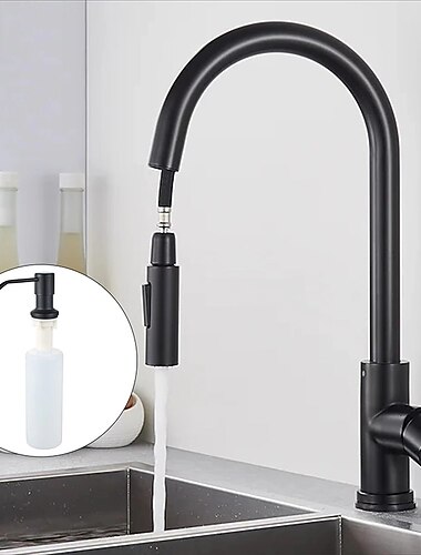  Mischbatterie für Küchenspüle mit herausziehbarer Brause, drehbarer Wasserhahn aus Edelstahl, Sprühwasserhahn im Regen-/Wasserfallmodus, schwarz-silberner Küchenhahn mit Seifenspender