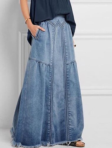  Damen Rock Langer Rock Modisch Sommer Maxi Röcke Einfarbig Tasche Urlaub Büro / Geschäftlich Blau Grau Leicht Blau Sommer Denim