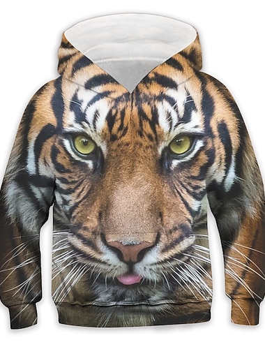  Gutt 3D Dyr Tiger Hattetrøje Langermet 3D-utskrift Vår Høst Aktiv Sport Mote Barn 3-13 år utendørs Daglig Innendørs Normal