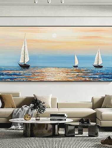  main peinture à l'huile toile mur art décoration abstraite voilier au coucher du soleil peinture abstraite océan paysage marin peinture pour la décoration intérieure roulé sans cadre non étiré