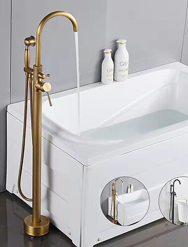  Robinet de baignoire vintage à montage au sol, mitigeur de remplissage de baignoire autoportant avec douche à main, robinet de douche sur pied pivotant à 360° avec bec à arc élevé