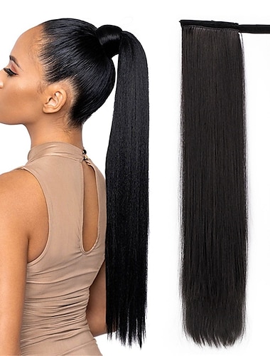 Clip dans l'extension de queue de cheval enveloppant les cheveux raides postiche synthétique de 22 pouces-noir naturel 1b couleur