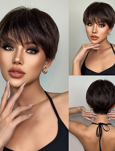  haircube perucas retas curtas perucas de cabelo sintético castanho ombre com franja para mulheres negras cosplay diário resistente ao calor perucas de cabelo natural perucas de festa de natal perucas