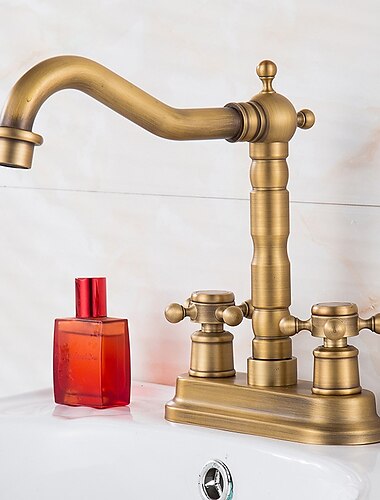  Antik-Messing-Centerset-Wasserhahn mit zwei Griffen, um 360 ° drehbare Kreuzknöpfe, Waschtisch-Mischbatterie mit drei Löchern, schwenkbarer Centerset-Waschtischarmatur