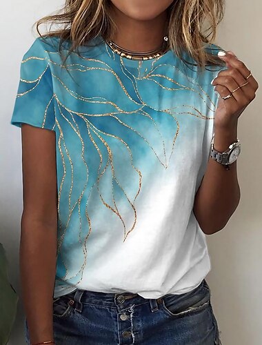  dames t-shirt basic marmer print korte mouw regular tops ronde hals casual weekend rood blauw paars groen