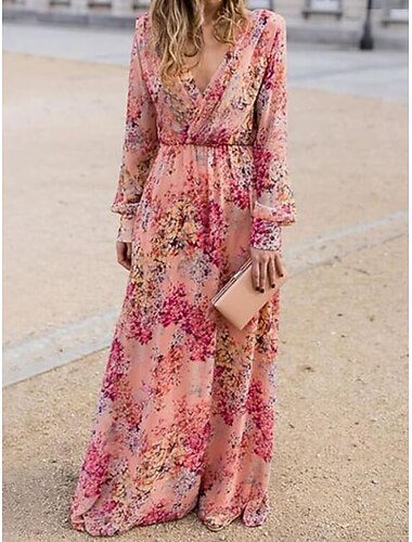  női lenge ruha maxi hosszú ruha rózsaszín hosszú ujjú virágmintás tavaszi nyár mély v elegáns boho 2022 s m l xl xxl xxxl