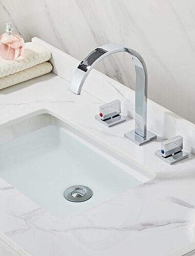  weit verbreitete Waschbecken-Mischbatterie, Hochbogen-Waschtischarmaturen 3-Loch-2-Griff-Waschtischarmatur Deck montiert, Y-Form-Schnellanschluss-Aschraumgefäß-Wasserhahn mit Kalt-Warm-Schlauch