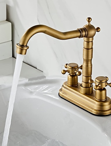  Grifo central de latón antiguo con dos manijas, perillas cruzadas giratorias de 360 °, grifo monomando para lavabo de tres orificios, grifo giratorio para lavabo de baño central