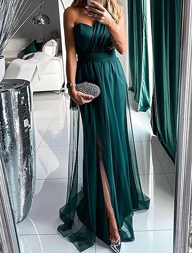  A-Line Wedding Guest Dresses Sexy Dress Wedding Guest Prom Sweep / Brush Train Sleeveless One Shoulder Polyester with Pleats Slit 2024