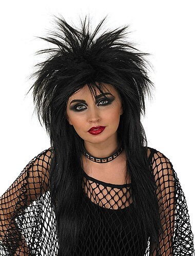  Perucas Emo para Adultos Peruca Rocker Preta Anos 80 Glam Rock Cabelo Espigado Acessório Perucas Pretas Lisas Halloween