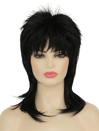  Parrucca Nera Corto Parrucca Sgarrupata a Strati Parrucca Mullet Anni '80 per Donne Parrucca Riccia Nera Resistente al Calore Parrucca per Cosplay Parrucche di Halloween
