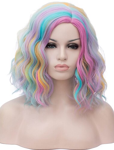  16 Regenbogen Perücken für Kinder Mädchen Kurze Lockige Bob Wellen Frauen Perücke Body Wave Cosplay Tägliche Party Perücken Einhorn Perücken Halloween Perücken