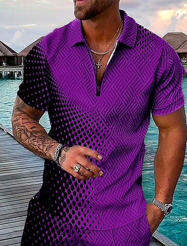  Voor heren Geometrisch Hawaiiaanse poloshirts Golfshirt Korte mouw Poloshirt Overhemden met kraag Casual Strand Kleding Vakantiekleding Feestoutfits 3D-afdrukken Polo met kwartrits blauw Zwart