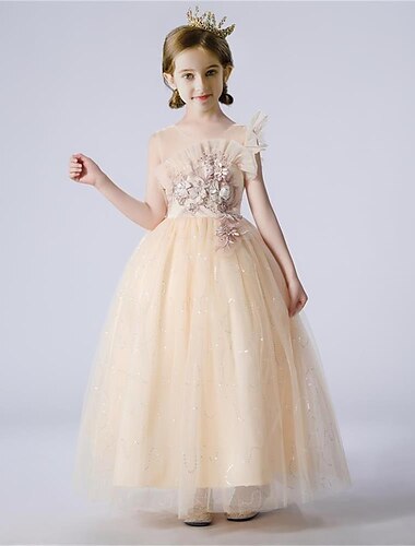  Kids Girls' Dress Solid Colored Tulle Dress Maxi Dress Party Beaded Sleeveless Cute Dress 4-13 Years Spring Blue Purple Champagne