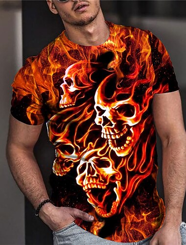  T-shirt à imprimé graphique de crâne unisexe pour homme t-shirt à flammes manches courtes t-shirt à imprimé 3D t-shirt col rond vêtements de designer décontracté extérieur rue quotidien orange
