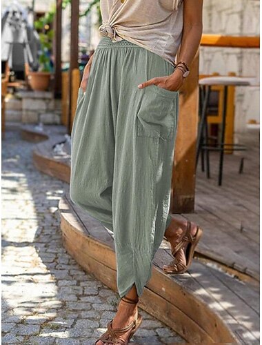  pantaloni da donna in cotone e lino con tasche laterali gamba larga larghi casual estate autunno bianco azzurro s 2xl